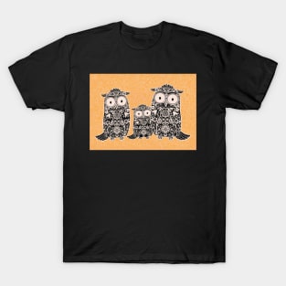 Folk Art Owl Family with Baby Owl on Yellow Floral Background T-Shirt